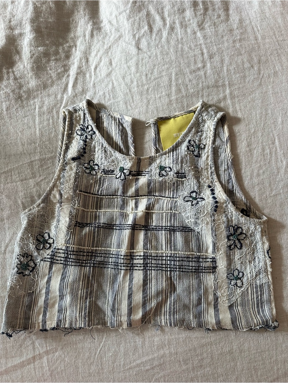 Anthropologie Striped Embroidered Crop Tank in Cream, Blue